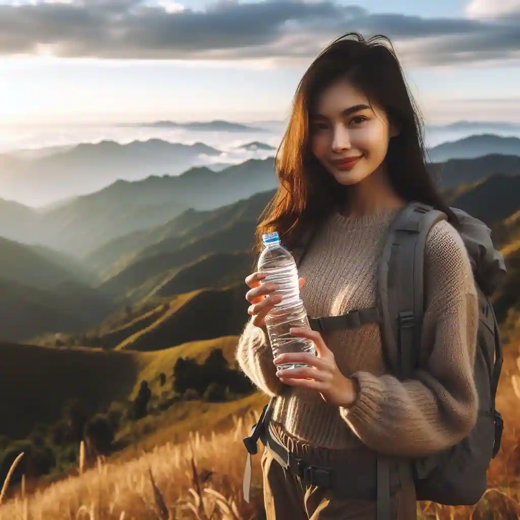 Mulher com garrafa de água na montanha